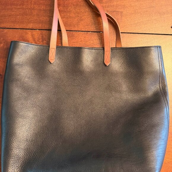 Madewell Large Leather Transport Tote Carryall Black Brown Straps - Picture 3 of 6